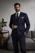 three-piece tailored men’s suit with peak lape