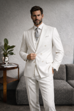 “Black three-piece tailored men’s suit with peak lapel”