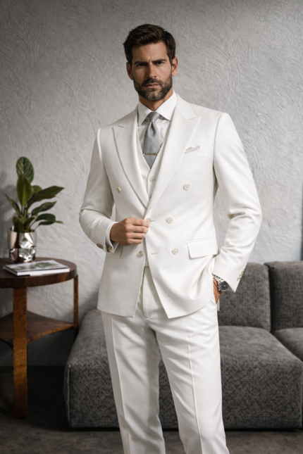 “Black three-piece tailored men’s suit with peak lapel”