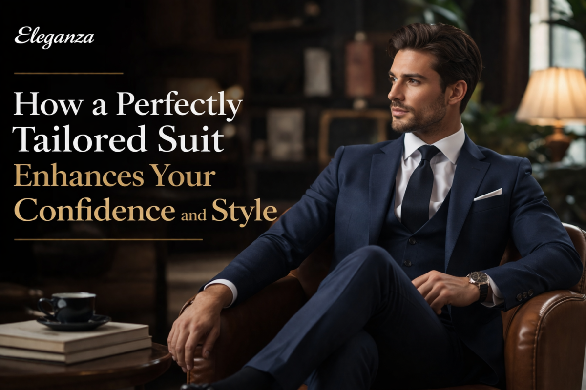 man wearing perfectly tailored navy suit sitting confidently luxury menswear Eleganza Traders