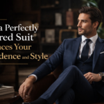 man wearing perfectly tailored navy suit sitting confidently luxury menswear Eleganza Traders