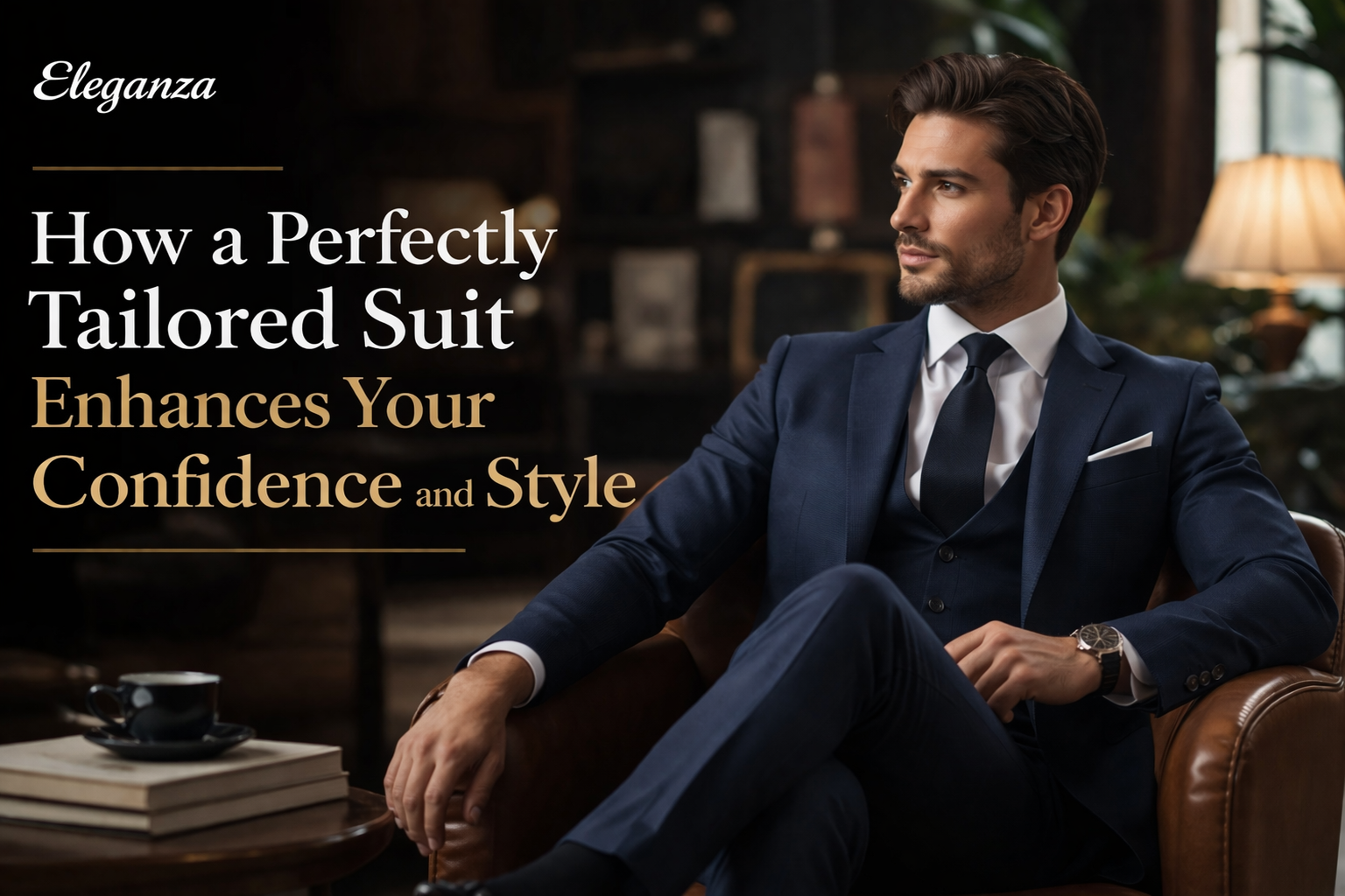 man wearing perfectly tailored navy suit sitting confidently luxury menswear Eleganza Traders