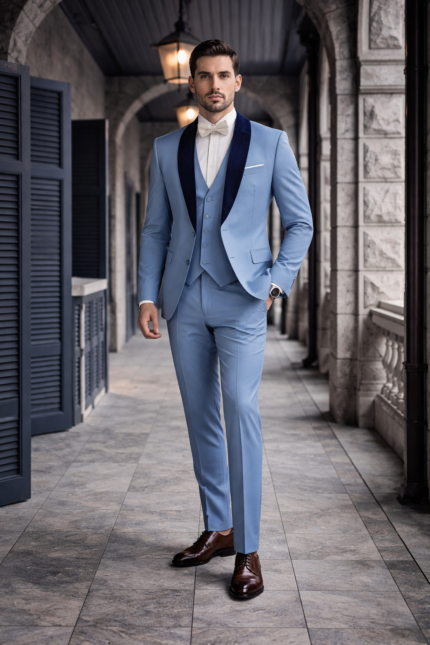 Man wearing a light blue three-piece suit with a white shirt and bow tie, walking confidently along a stone corridor.