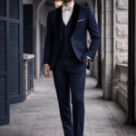 Man wearing a navy blue three-piece suit with a white shirt and bow tie, walking confidently along a stone corridor.