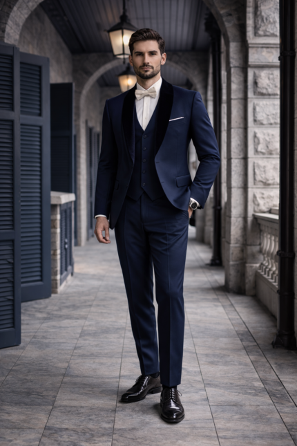 Man wearing a navy blue three-piece suit with a white shirt and bow tie, walking confidently along a stone corridor.