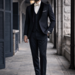 Man wearing a black three-piece suit with a white shirt and bow tie, walking confidently along a stone corridor.