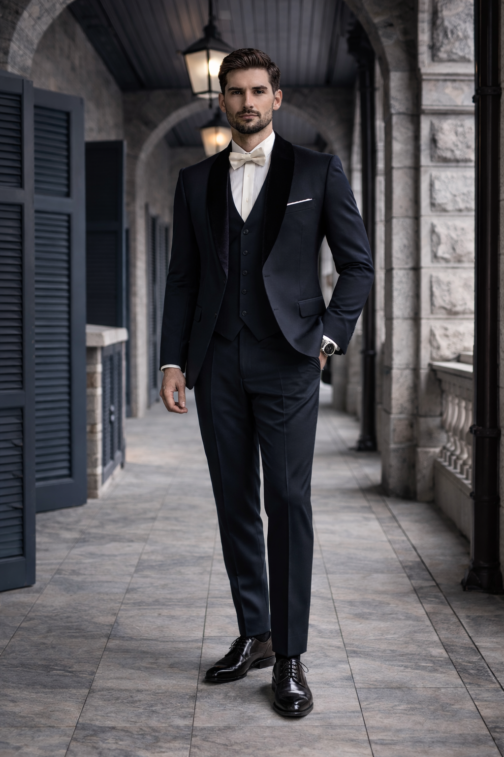 Elegant Man in Black Three-Piece Suit Man wearing a black three-piece suit with a white shirt and bow tie, walking confidently along a stone corridor.