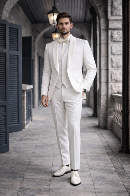 Man wearing an ivory three-piece suit with a white shirt and bow tie, walking confidently along a stone corridor.