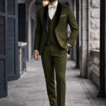 Man wearing an olive green three-piece suit with a white shirt and bow tie, walking confidently along a stone corridor.