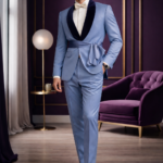 Man wearing a light blue tailored suit with a white shirt and bow tie, standing in a stylish modern interior.