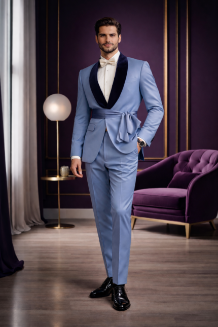 Man wearing a light blue tailored suit with a white shirt and bow tie, standing in a stylish modern interior.