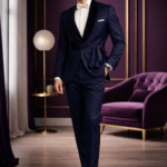 Man wearing a navy blue tailored suit with a white shirt and bow tie, standing in a stylish modern interior.