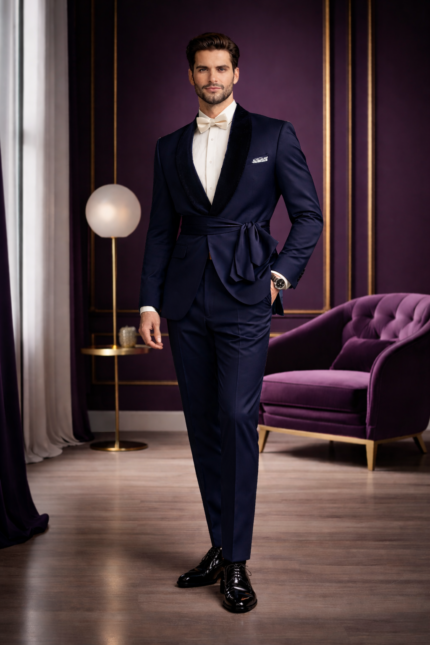 Man wearing a navy blue tailored suit with a white shirt and bow tie, standing in a stylish modern interior.