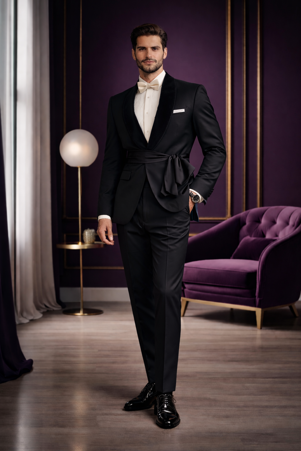 Elegant Man in Black Tailored Suit Man wearing a black tailored suit with a white shirt and bow tie, standing in a stylish modern interior.