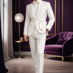 Man wearing an ivory tailored suit with a white shirt and bow tie, standing in a stylish modern interior.