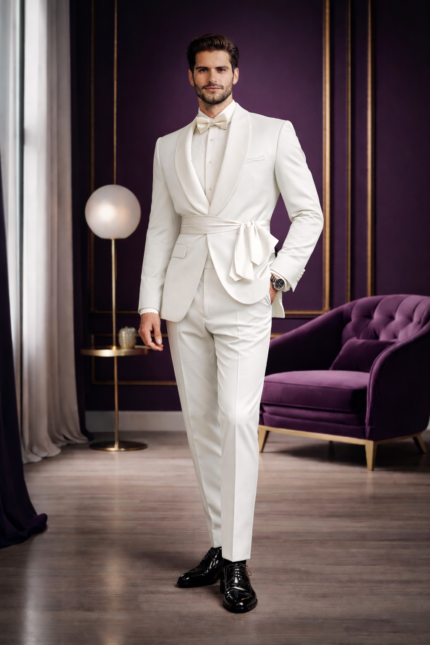 Man wearing an ivory tailored suit with a white shirt and bow tie, standing in a stylish modern interior.