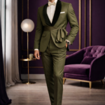 Man wearing an olive green tailored suit with a white shirt and bow tie, standing in a stylish modern interior.