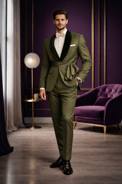 Man wearing an olive green tailored suit with a white shirt and bow tie, standing in a stylish modern interior.