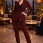 Woman wearing a burgundy tailored suit with matching heels, standing confidently in a stylish lounge with city lights in the background.