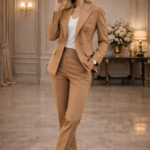 Woman wearing a camel-colored tailored suit with a white top and nude heels, standing elegantly in a luxurious interior.