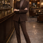 Woman wearing a dark brown tailored suit with a matching top and heels, standing confidently in an elegant lounge bar.