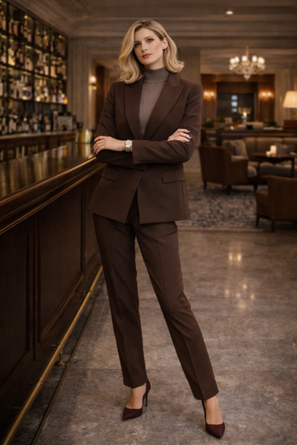 Woman wearing a dark brown tailored suit with a matching top and heels, standing confidently in an elegant lounge bar.