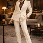 Woman wearing a cream tailored suit with a brown blouse and nude heels, standing confidently in a stylish living room