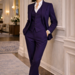 Woman wearing a purple three-piece tailored suit with a white shirt and black heels, leaning elegantly against a wall in a luxury interior.