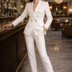 Woman wearing a cream tailored suit with black heels, standing beside a bar counter in an elegant lounge.