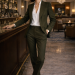 Woman wearing a dark green tailored suit with a white blouse and black heels, standing beside a bar counter in an elegant lounge.