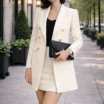 Woman wearing a cream blazer with a matching skirt and black top, holding a clutch while walking on a city sidewalk.