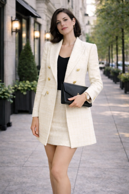 Woman wearing a cream blazer with a matching skirt and black top, holding a clutch while walking on a city sidewalk.