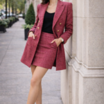 Woman wearing a rose pink blazer with a matching skirt and black heels, leaning against a wall on a city sidewalk.
