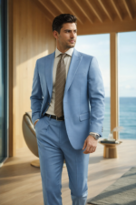 Male model wearing a sky blue slim fit two-piece suit with beige tie, standing in a modern seaside interior.