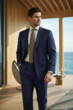 Male model wearing a navy blue slim fit two-piece suit with beige tie, standing in a modern seaside interior.