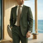 Male model wearing an olive green slim fit two-piece suit with beige tie, standing in a modern seaside interior.
