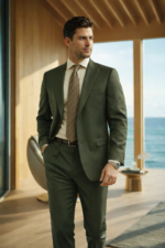 Male model wearing an olive green slim fit two-piece suit with beige tie, standing in a modern seaside interior.