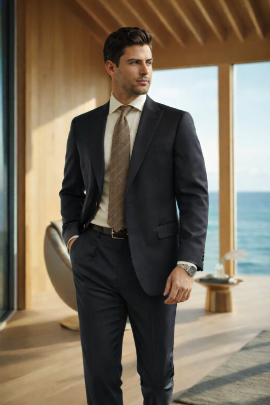 Male model wearing a charcoal black slim fit two-piece suit with beige tie, standing in a modern seaside interior.