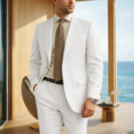 Male model wearing an off-white slim fit two-piece suit with beige tie, standing in a modern seaside interior setting.