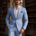 Male model wearing a sky blue slim fit two-piece suit with open collar shirt, standing in an elegant library interior.