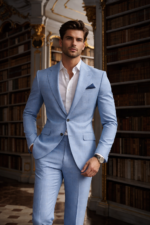 Male model wearing a sky blue slim fit two-piece suit with open collar shirt, standing in an elegant library interior.