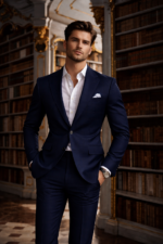 Male model wearing a navy blue slim fit two-piece suit with open collar shirt, standing in an elegant library interior.