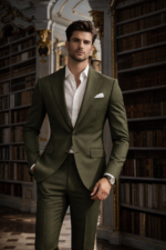 Male model wearing an olive green slim fit two-piece suit with open collar shirt, standing in a luxury library interior.