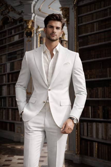 Male model wearing a white slim fit two-piece suit with open collar shirt, standing in a luxury library interior.