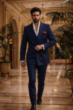 Male model walking in a royal blue double breasted slim fit suit with red pocket square in a luxury interior setting.