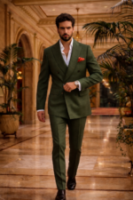Male model walking in an olive green double breasted slim fit suit with red pocket square in a luxury interior setting.