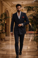Male model walking in a navy blue double breasted slim fit suit with red pocket square in a luxury interior setting.