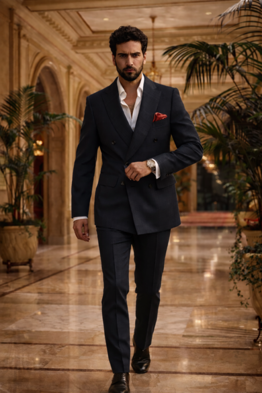 Male model walking in a navy blue double breasted slim fit suit with red pocket square in a luxury interior setting.