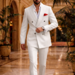 Male model walking confidently in a white double breasted slim fit suit with red pocket square in a luxury interior setting.