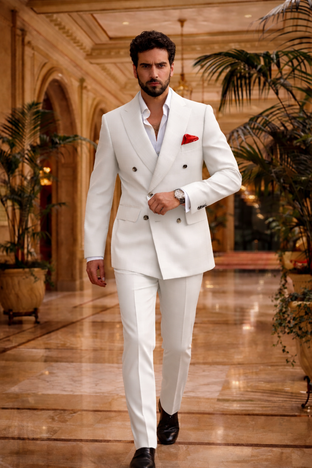 Men’s White Double Breasted Suit – Luxury Wedding & Formal Wear Male model walking confidently in a white double breasted slim fit suit with red pocket square in a luxury interior setting.